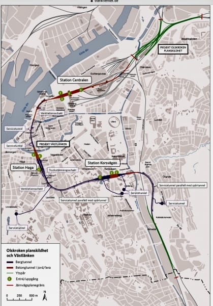 Karta från Järnvägsutredningen, Västlänken. Västlänken passerar genom 2km tunnel i Göteborg.